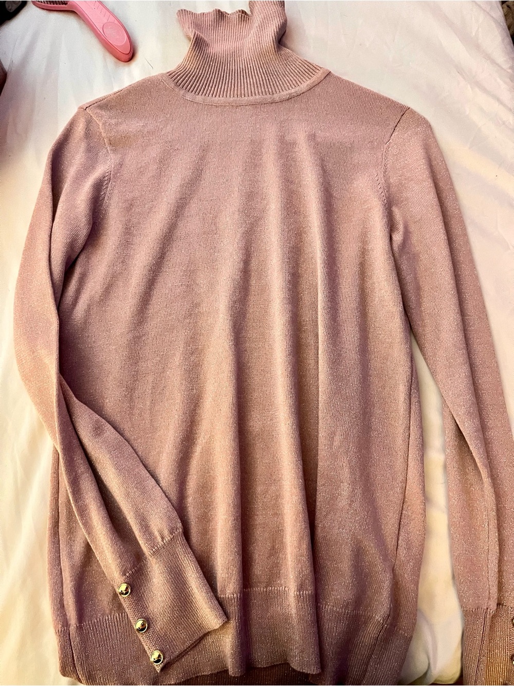 Shimmery Pink Turtleneck Sweater with Gold Button Cuffs
